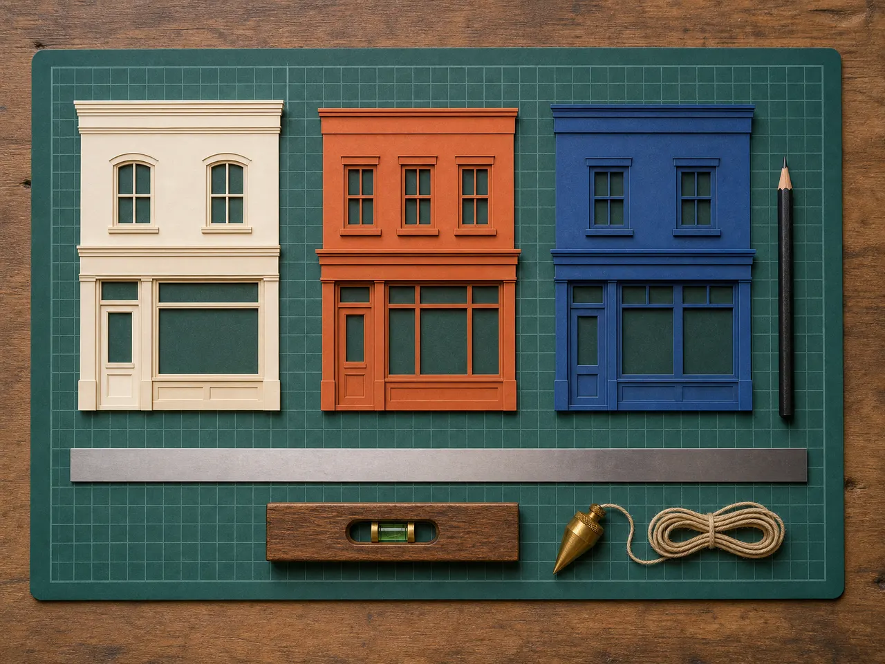 A cutting mat with paper storefront facades, a ruler, a pencil, a level and a plumb bob laid out square