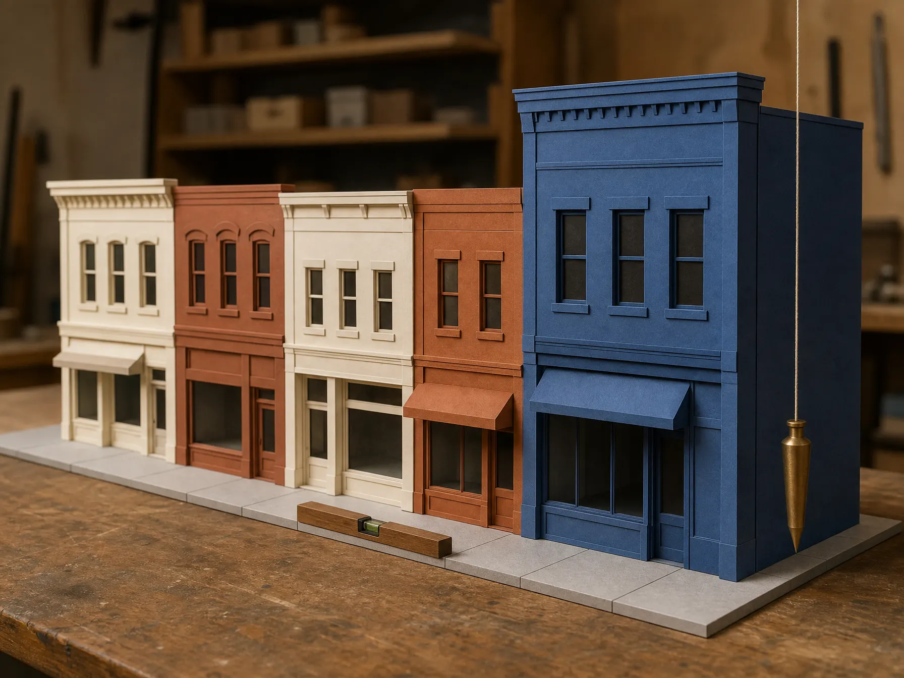A handmade paper model of a small-town street on a workbench: five square storefronts, a wooden level resting on the sidewalk, and a brass plumb bob hanging beside the corner of the tallest building
