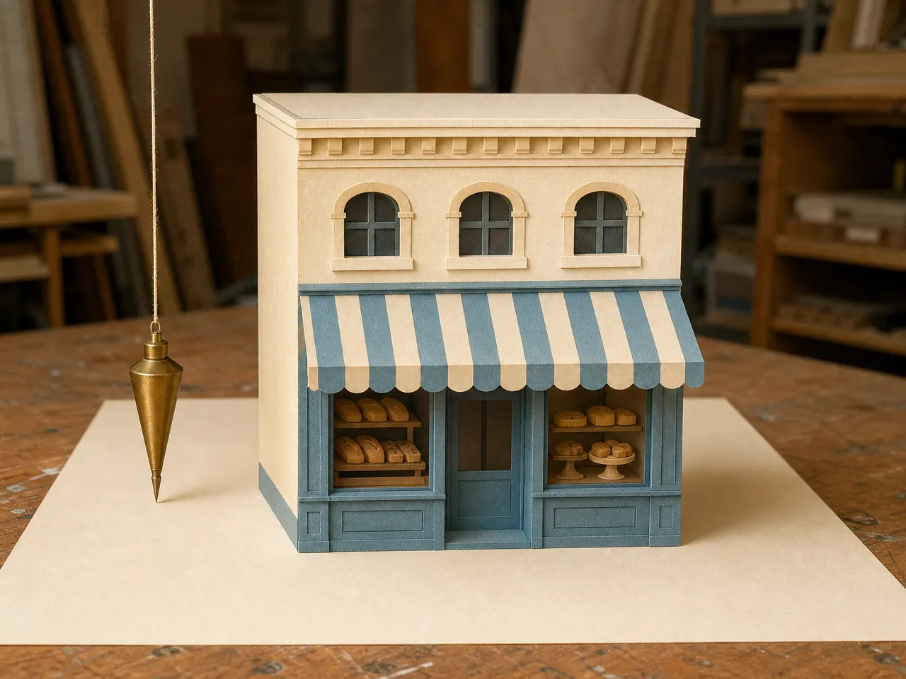 A paper model of a two-story bakery with a brass plumb bob hanging just beside its corner