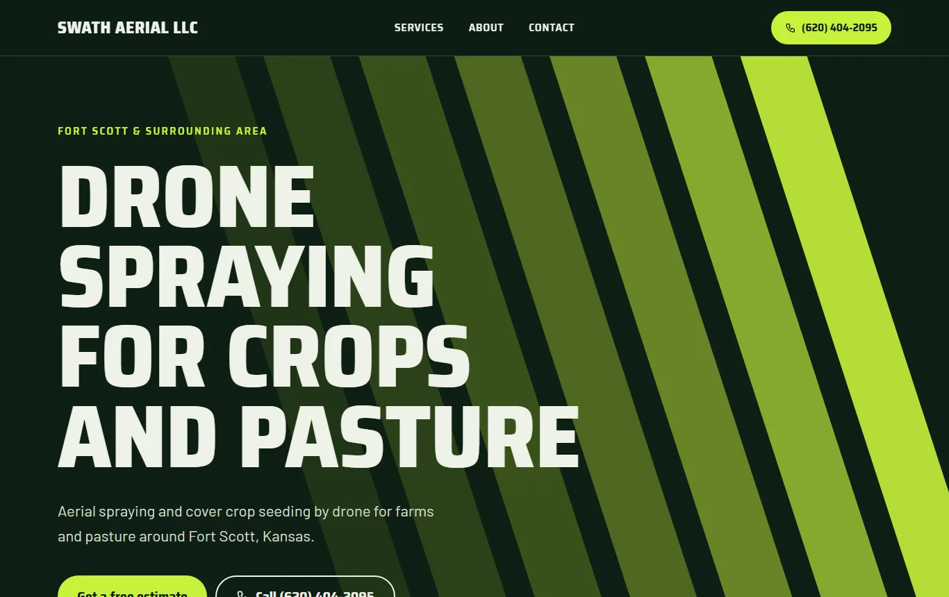 The finished Swath Aerial home page: dark green with lime stripes and a large headline reading Drone spraying for crops and pasture